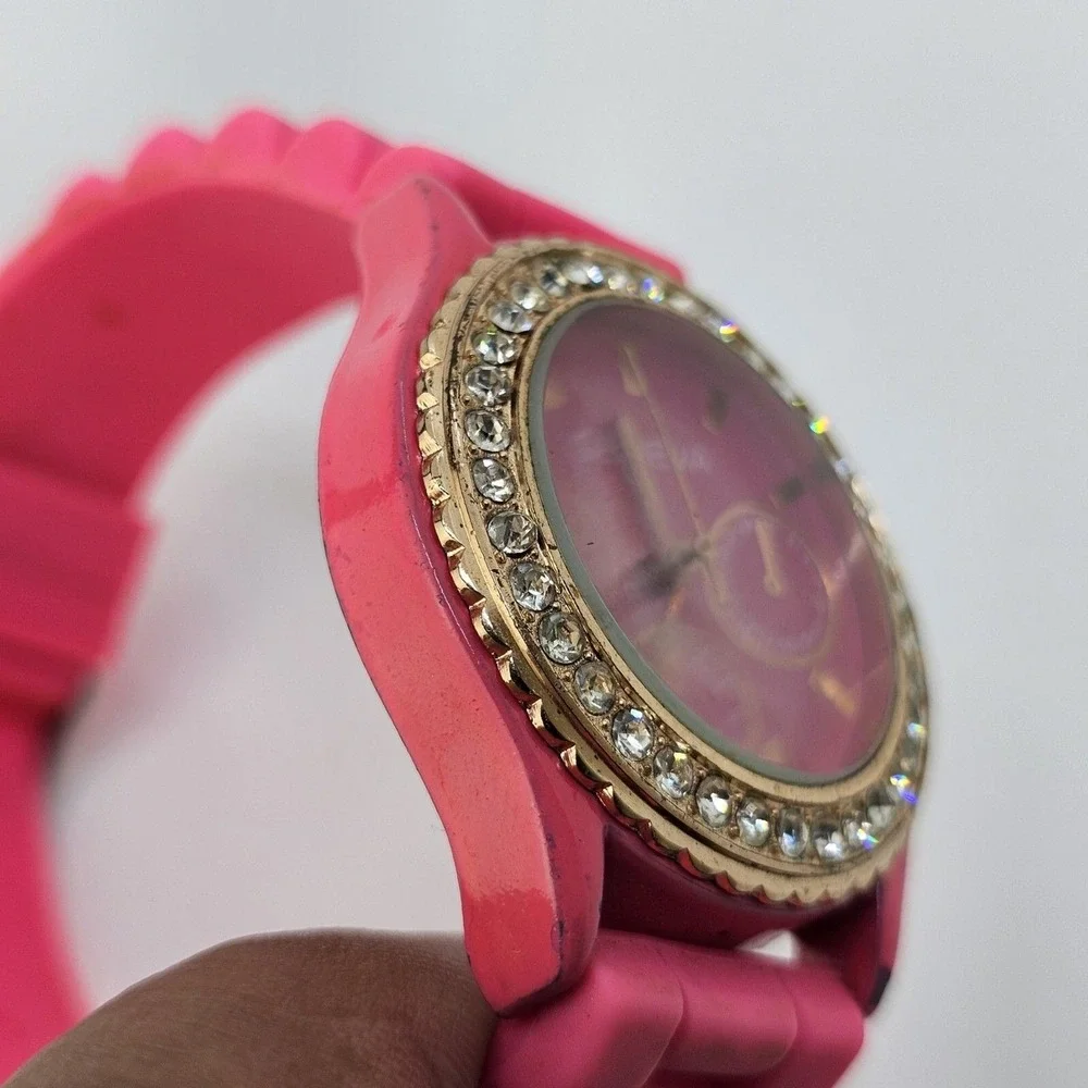 40MM Women's Watch Pink Dial Crystal Bezel Pink Plastic Band Straps‎ New Battery